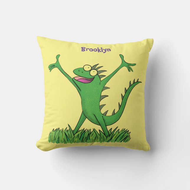 Funny green smiling animated iguana lizard  cushion (Front)
