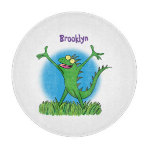 Funny green smiling animated iguana lizard cutting board