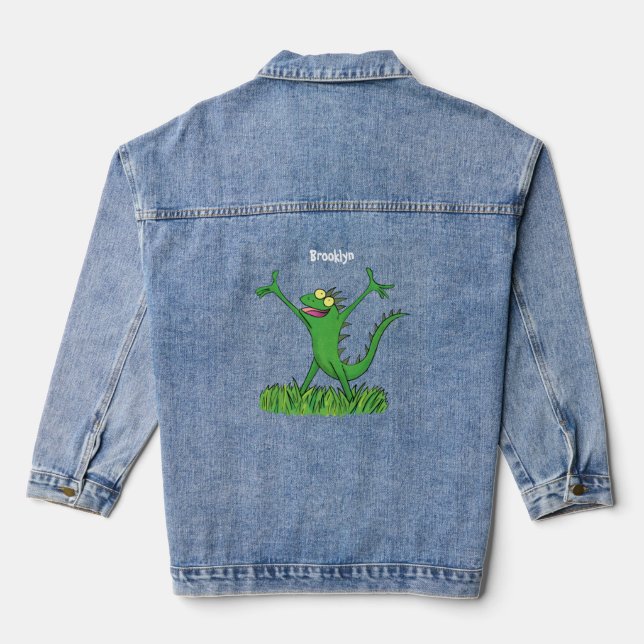 Funny green smiling animated iguana lizard denim jacket (Back)