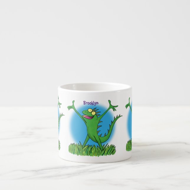 Funny green smiling animated iguana lizard espresso cup (Front)