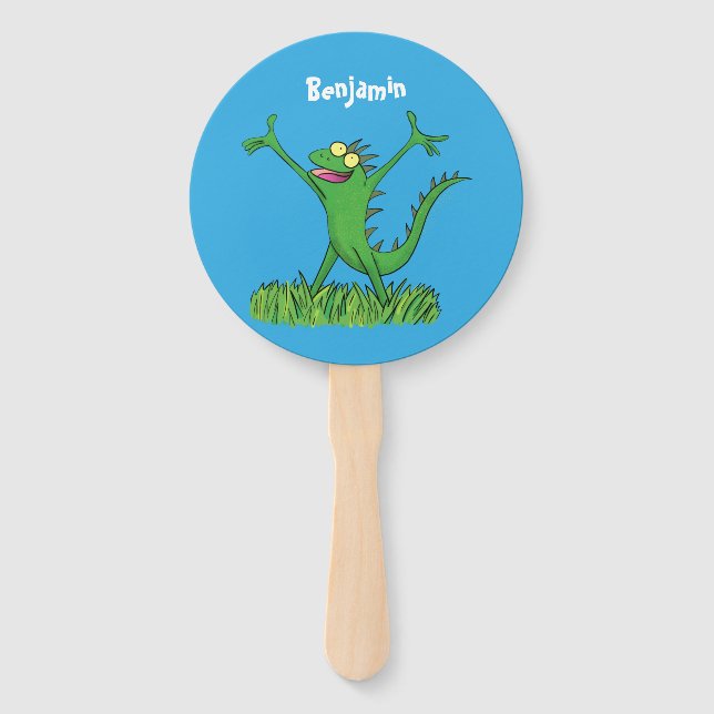 Funny green smiling animated iguana lizard hand fan (Front)