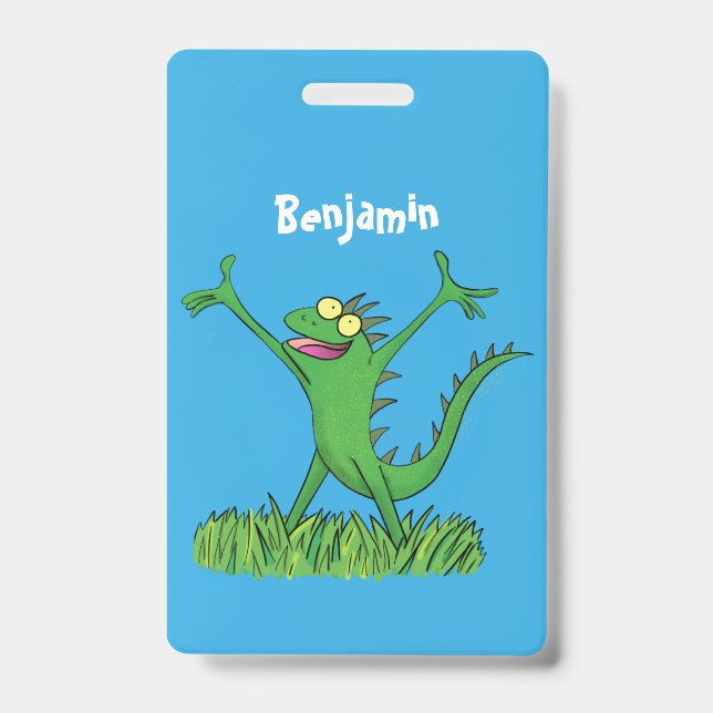 Funny green smiling animated iguana lizard ID badge (Front)