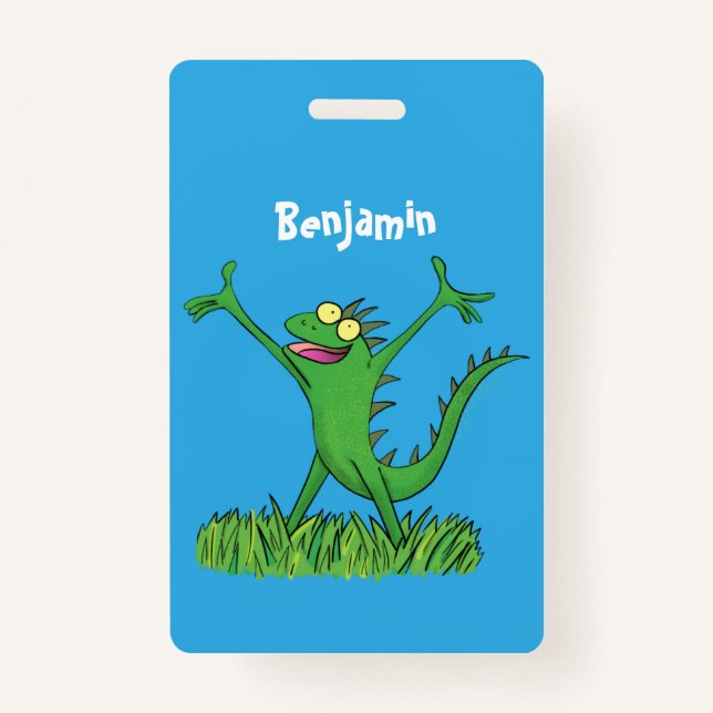 Funny green smiling animated iguana lizard ID badge (Front)