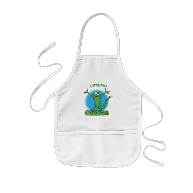 Funny green smiling animated iguana lizard kids apron (Front)