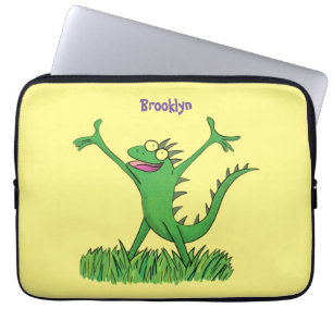 Funny green smiling animated iguana lizard laptop sleeve