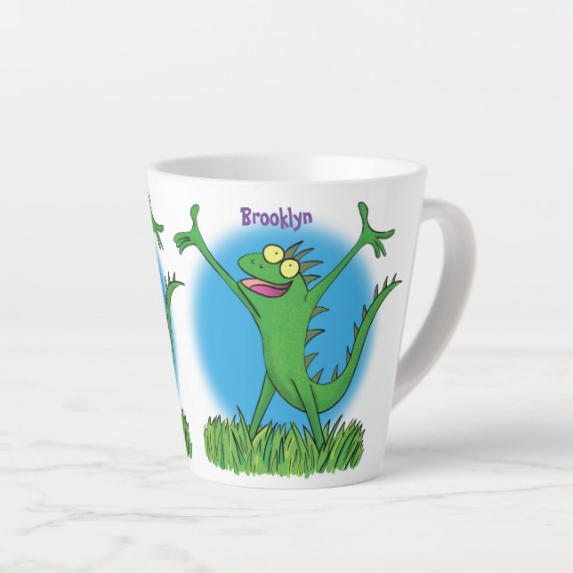 Funny green smiling animated iguana lizard latte mug (Right Angle)