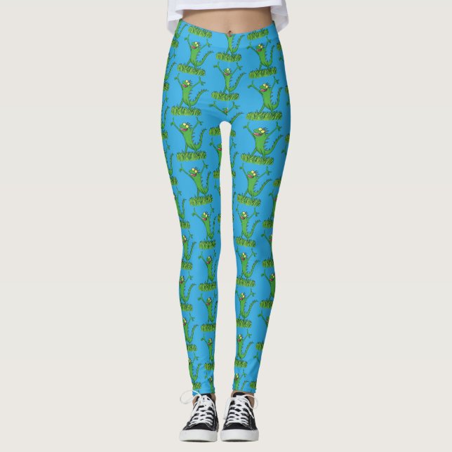 Funny green smiling animated iguana lizard leggings (Front)
