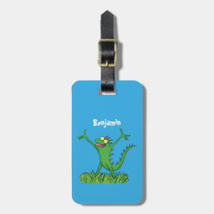 Funny green smiling animated iguana lizard luggage tag