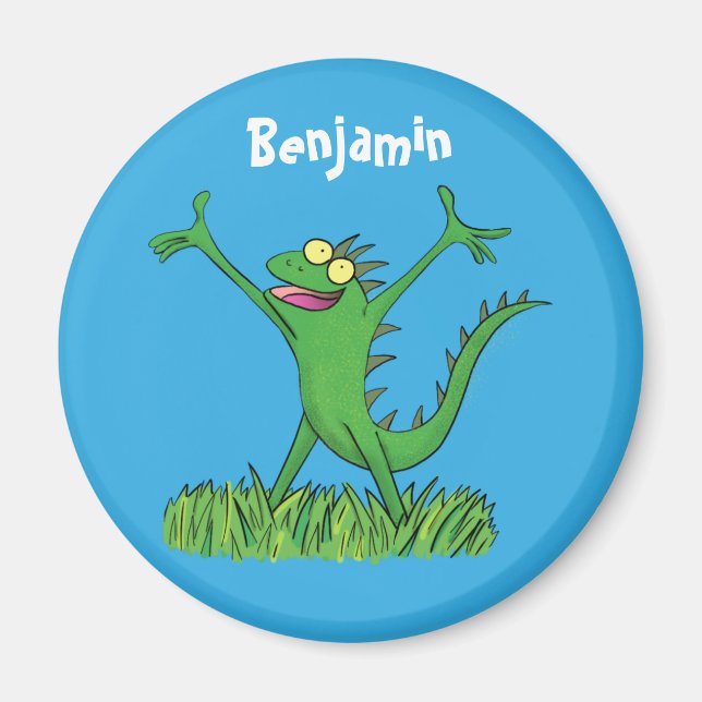 Funny green smiling animated iguana lizard magnet (Front)