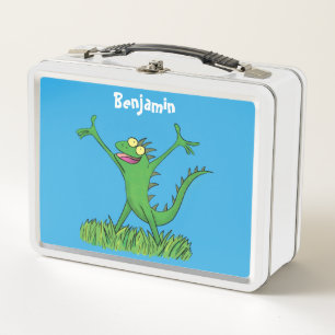 Funny green smiling animated iguana lizard metal lunch box