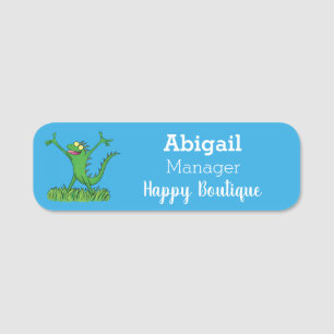 Funny green smiling animated iguana lizard name tag