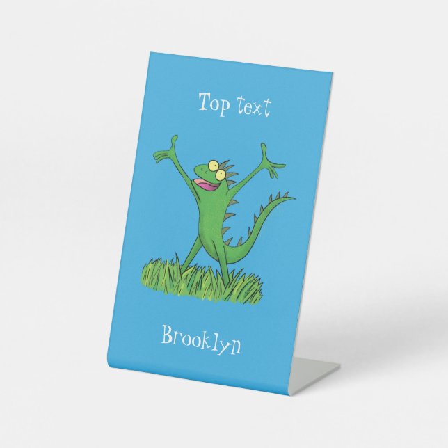 Funny green smiling animated iguana lizard pedestal sign (Front)