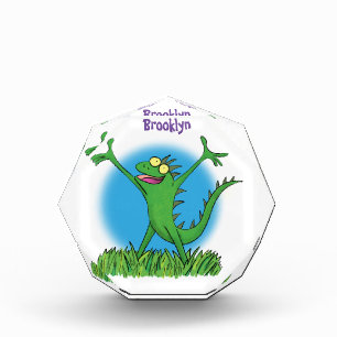 Funny green smiling animated iguana lizard photo block