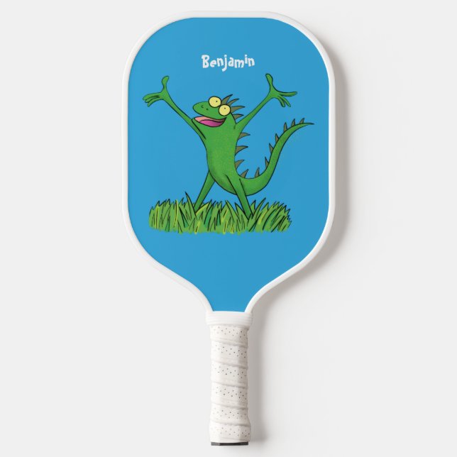 Funny green smiling animated iguana lizard  pickleball paddle (Front)