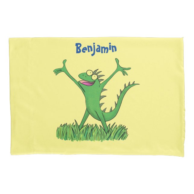 Funny green smiling animated iguana lizard  pillowcase (Front)