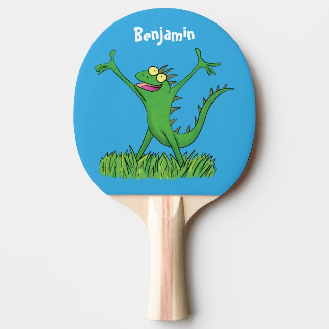 Funny green smiling animated iguana lizard ping pong paddle (Front)