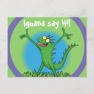 Funny green smiling animated iguana lizard postcard