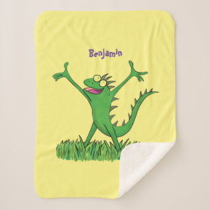 Funny green smiling animated iguana lizard sherpa blanket