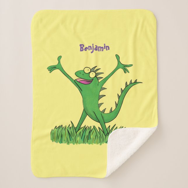 Funny green smiling animated iguana lizard sherpa blanket (Front)
