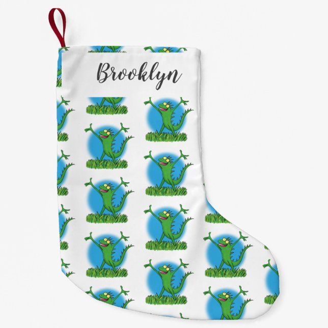 Funny green smiling animated iguana lizard  small christmas stocking (Front)