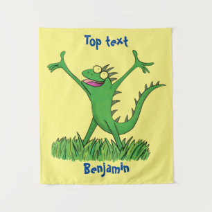 Funny green smiling animated iguana lizard tapestry