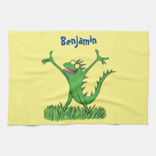 Funny green smiling animated iguana lizard  tea towel