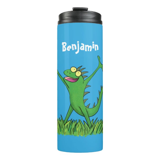 Funny green smiling animated iguana lizard thermal tumbler (Front)