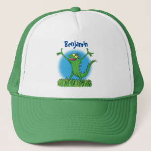 Funny green smiling animated iguana lizard trucker hat