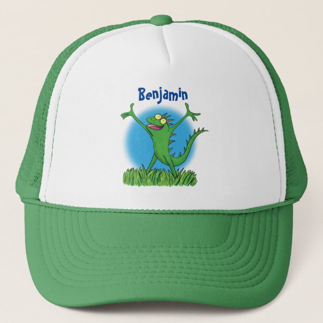 Funny green smiling animated iguana lizard trucker hat (Front)