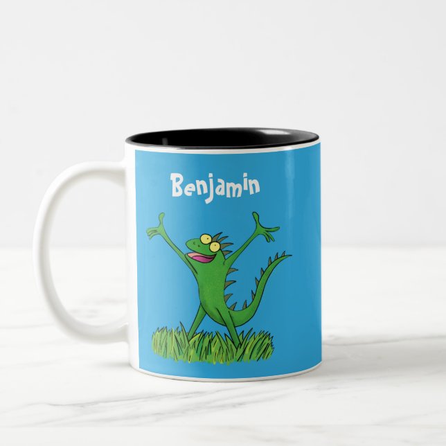 Funny green smiling animated iguana lizard Two-Tone coffee mug (Left)