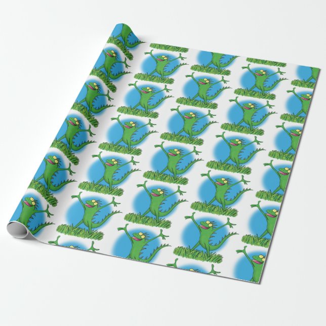 Funny green smiling animated iguana lizard wrapping paper (Unrolled)