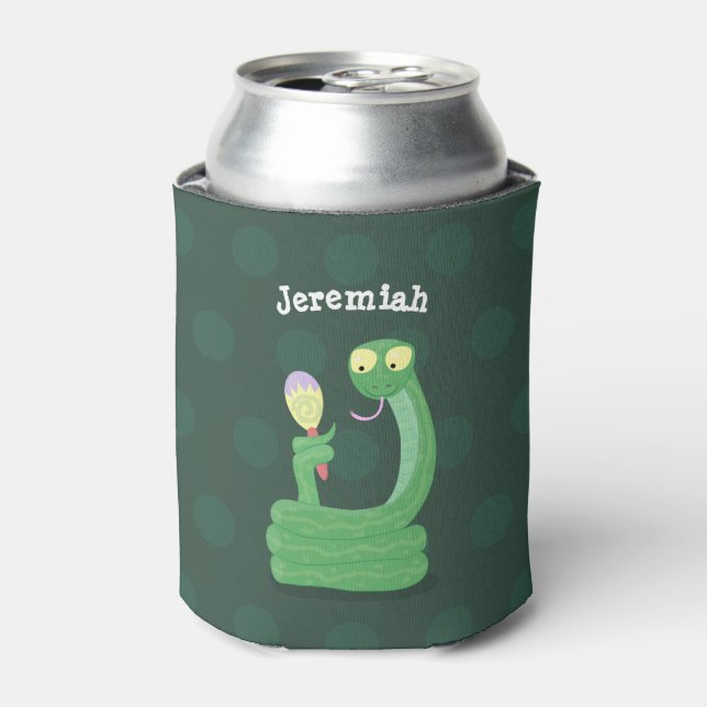 Funny green snake with maraca cartoon can cooler (Can Front)