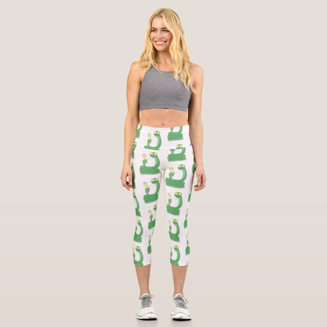 Funny green snake with maraca cartoon capri leggings (Front)