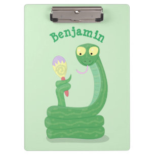 Funny green snake with maraca cartoon clipboard