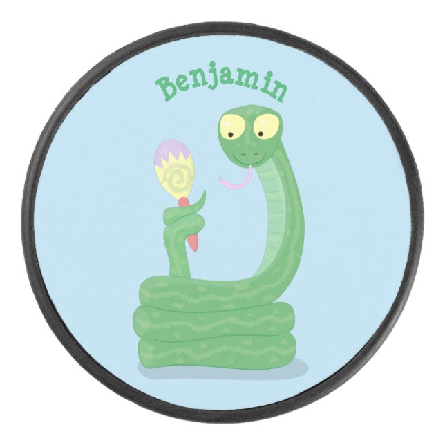 Funny green snake with maraca cartoon hockey puck (Front)