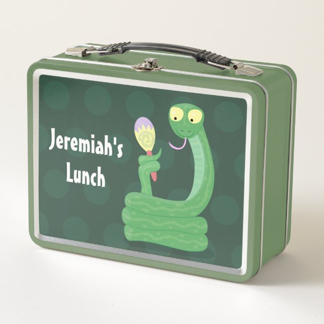 Funny green snake with maraca cartoon metal lunch box (Front)
