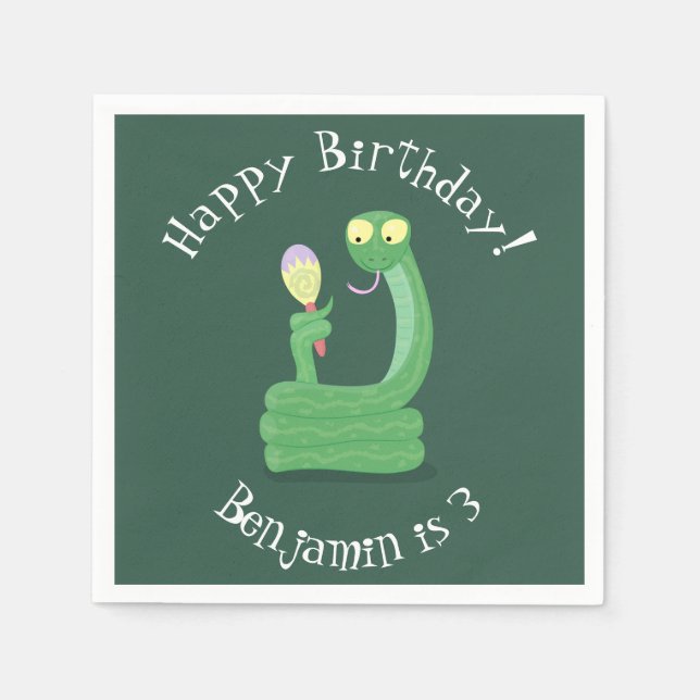 Funny green snake with maraca cartoon napkin (Front)