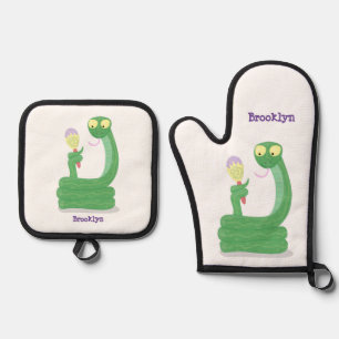 Funny green snake with maraca cartoon oven mitt & pot holder set