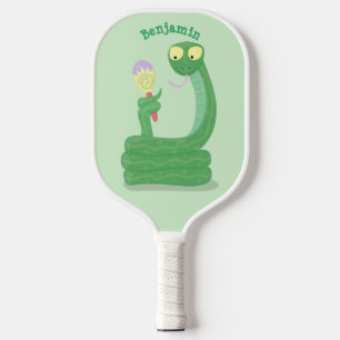 Funny green snake with maraca cartoon pickleball paddle