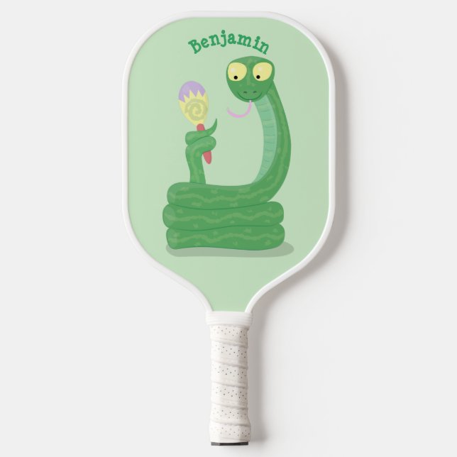 Funny green snake with maraca cartoon  pickleball paddle (Front)