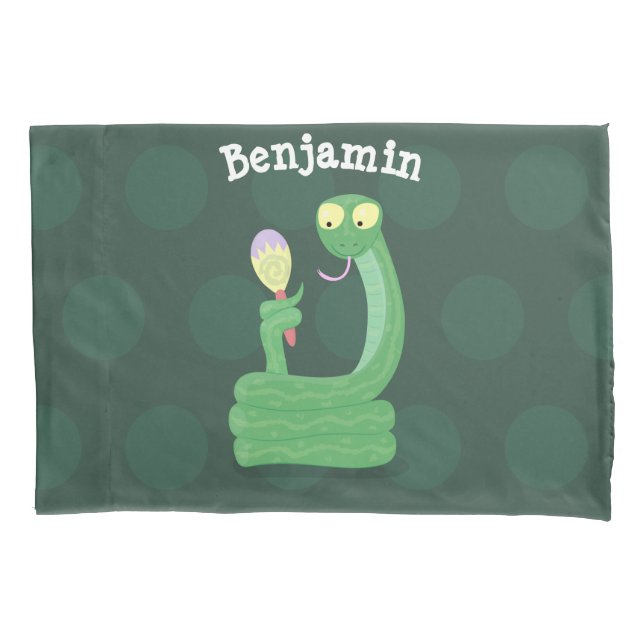 Funny green snake with maraca cartoon pillowcase (Front)