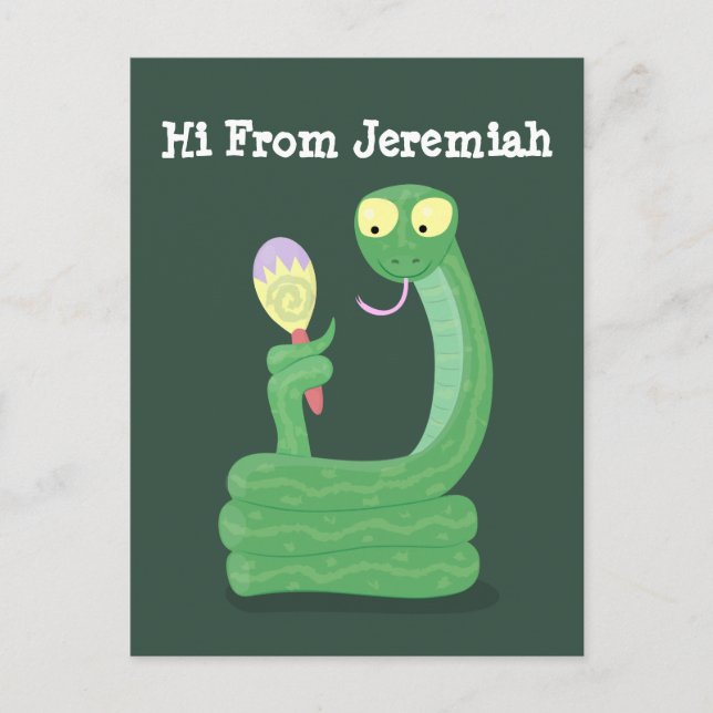 Funny green snake with maraca cartoon postcard (Front)