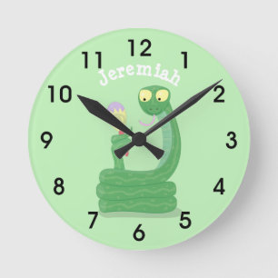 Funny green snake with maraca cartoon round clock