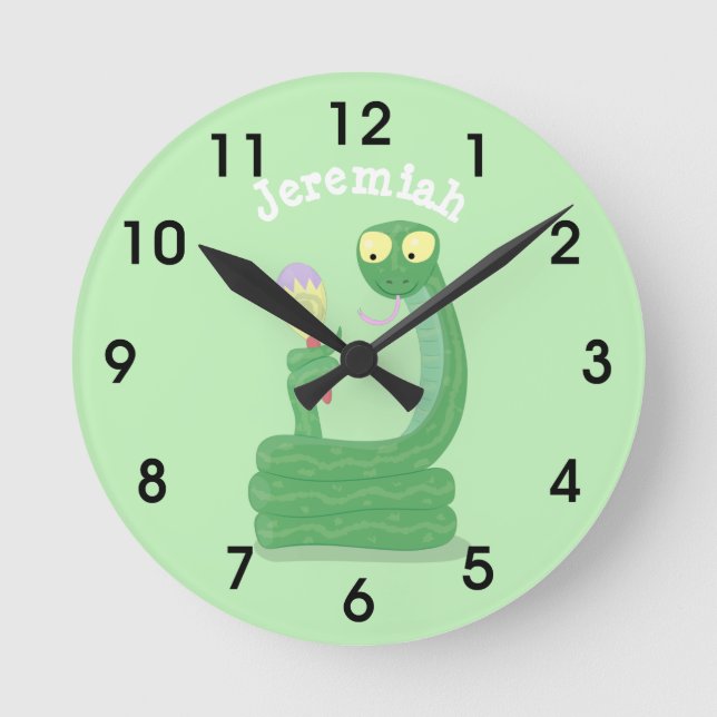 Funny green snake with maraca cartoon round clock (Front)