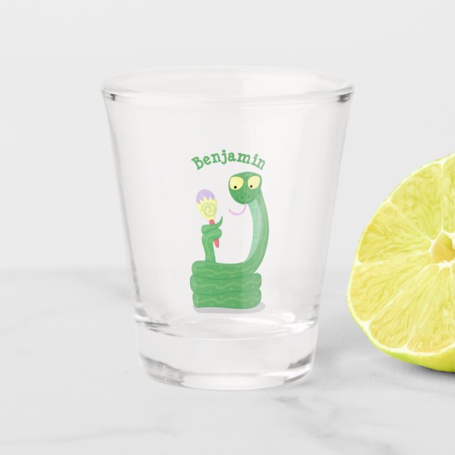 Funny green snake with maraca cartoon  shot glass (Front)