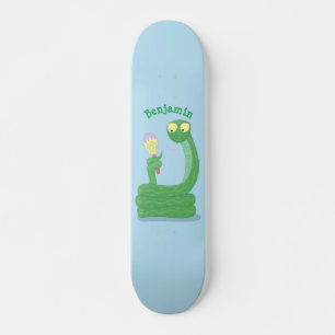 Funny green snake with maraca cartoon skateboard