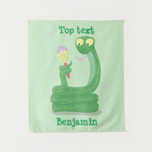 Funny green snake with maraca cartoon tapestry