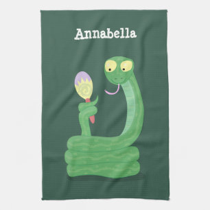 Funny green snake with maraca cartoon tea towel