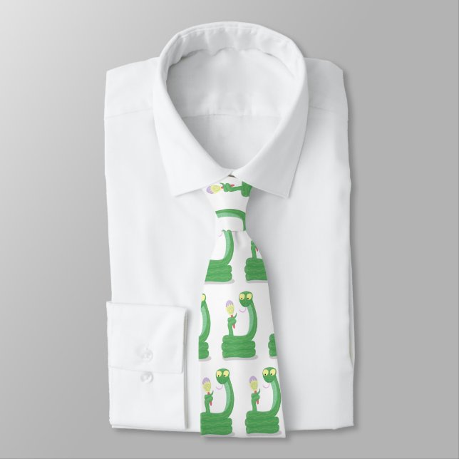 Funny green snake with maraca cartoon tie (Tied)