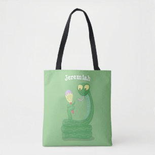 Funny green snake with maraca cartoon tote bag